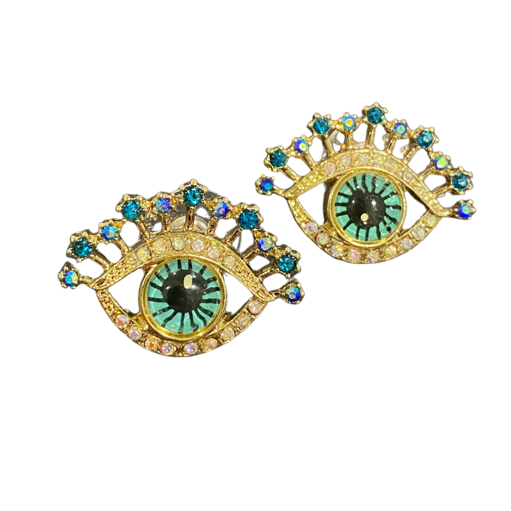 Evil Eye crystal studded gold plated earring, Korean AEGYO, KAWAII